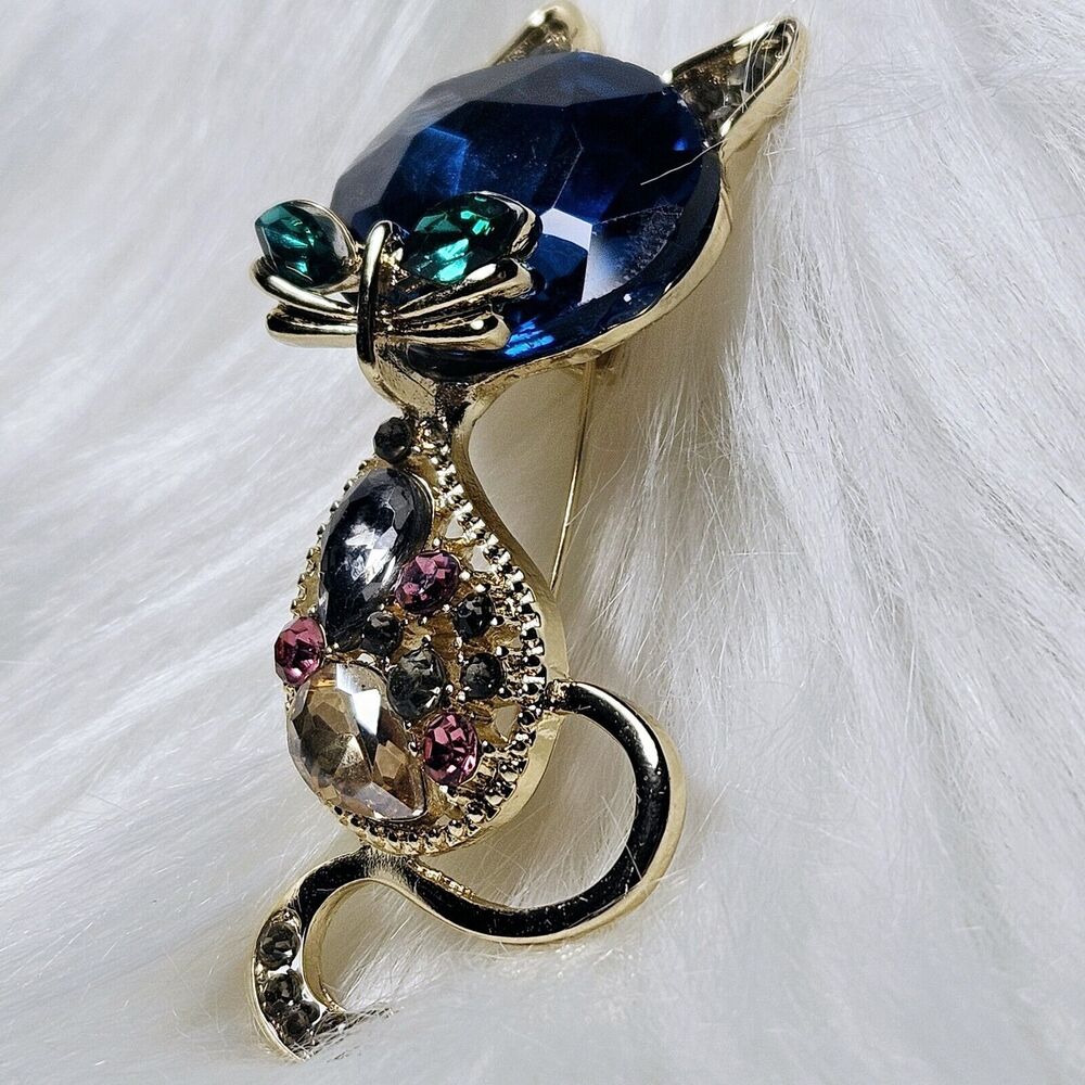 Cat Siluet pin Large Blue faceted Gemstone & Rhinestones 2.5 in Statement Brooch - Picture 9 of 10